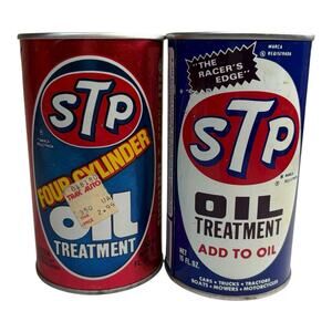2 Vintage "STP Oil Treatment" 15oz Full Unopened Cans The Racer's Edge 70s 80s